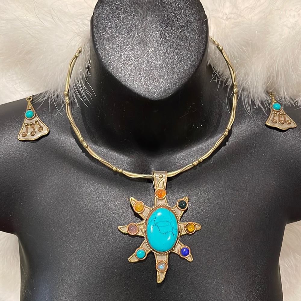 Boho natural stone & metal choker & earrings set